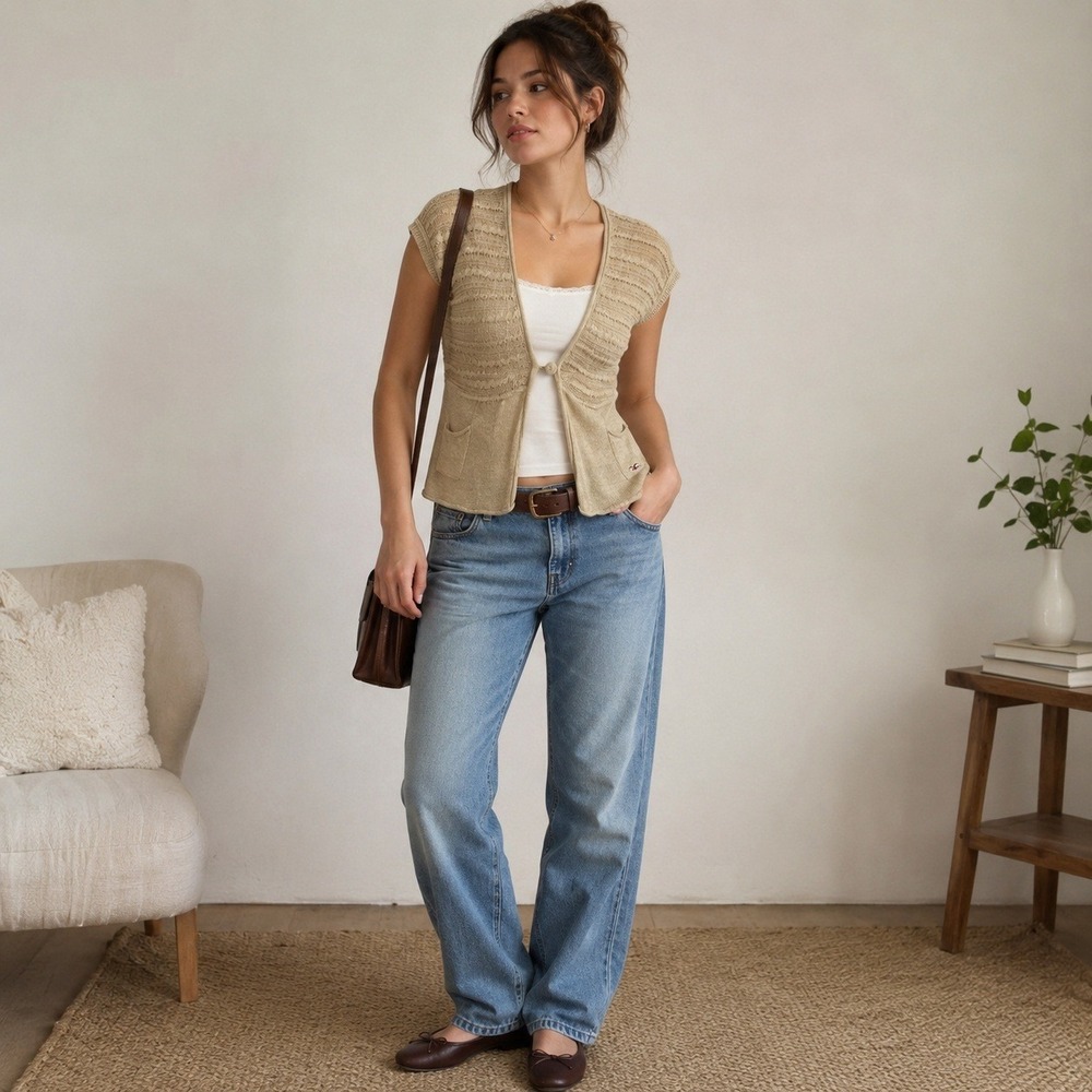 Hollister Y2K Open Knit Cardigan Vest L Tan 100% Cotton Hong Kong Pockets